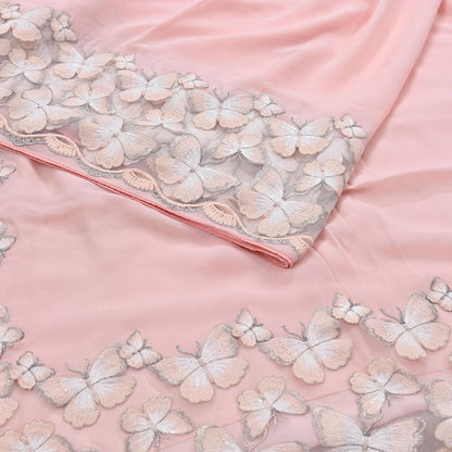 Rare Vintage Pink Blend Georgette Saree Hand Embroidered Fabric 6 Yard Sari Bollywood Party Wear Ethnic Saree with Blouse Fabric
