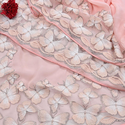 Rare Vintage Pink Blend Georgette Saree Hand Embroidered Fabric 6 Yard Sari Bollywood Party Wear Ethnic Saree with Blouse Fabric