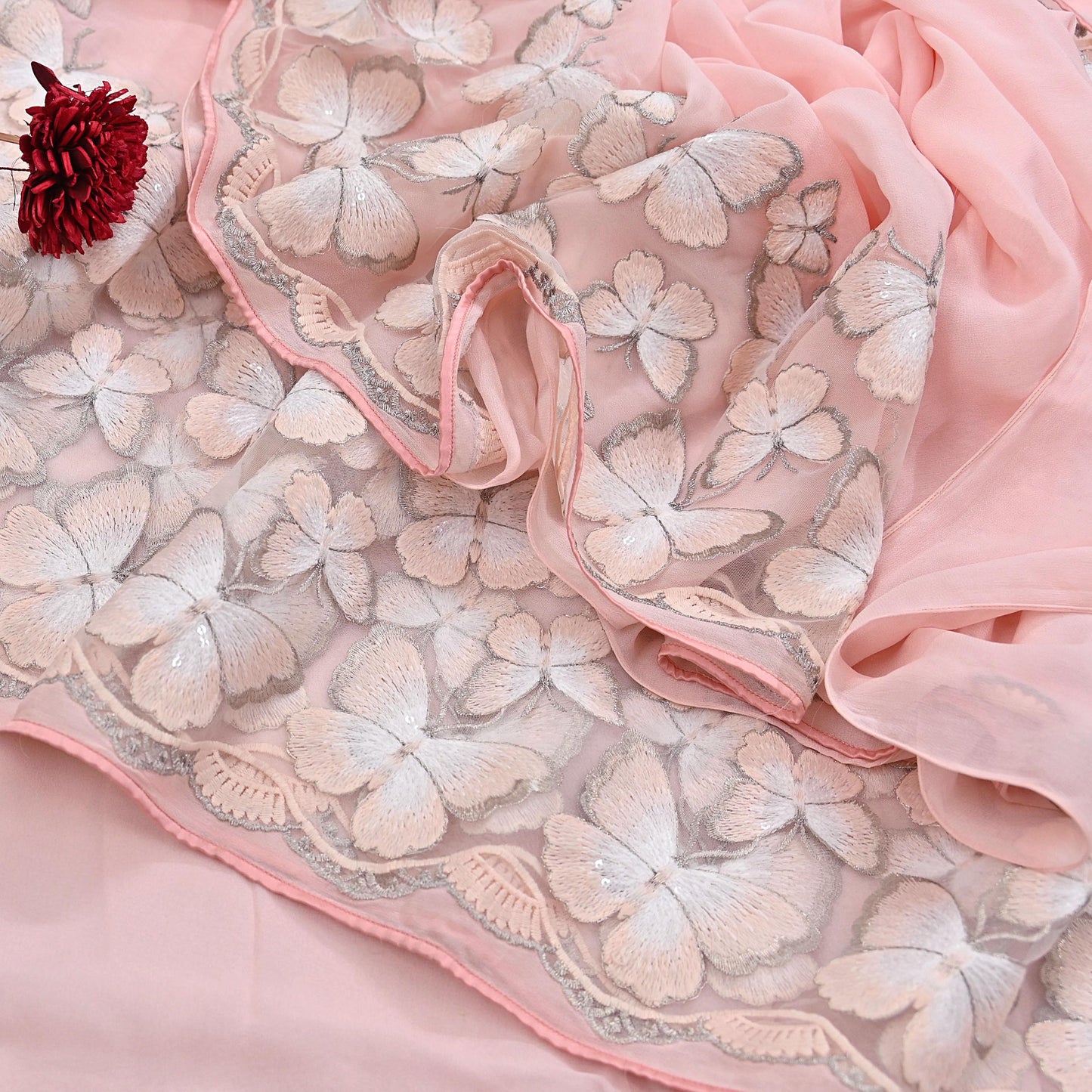 Rare Vintage Pink Blend Georgette Saree Hand Embroidered Fabric 6 Yard Sari Bollywood Party Wear Ethnic Saree with Blouse Fabric