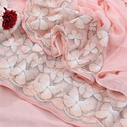 Rare Vintage Pink Blend Georgette Saree Hand Embroidered Fabric 6 Yard Sari Bollywood Party Wear Ethnic Saree with Blouse Fabric