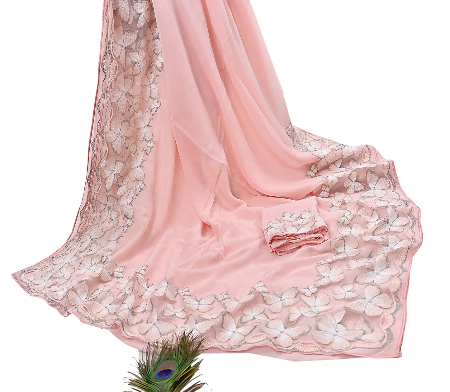 Rare Vintage Pink Blend Georgette Saree Hand Embroidered Fabric 6 Yard Sari Bollywood Party Wear Ethnic Saree with Blouse Fabric