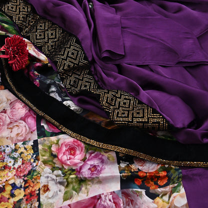 Rare Vintage Purple Pure Satin Silk Saree Hand Embroidered Fabric 6 Yards Sari Bollywood Party Wear Ethnic Designer Saree