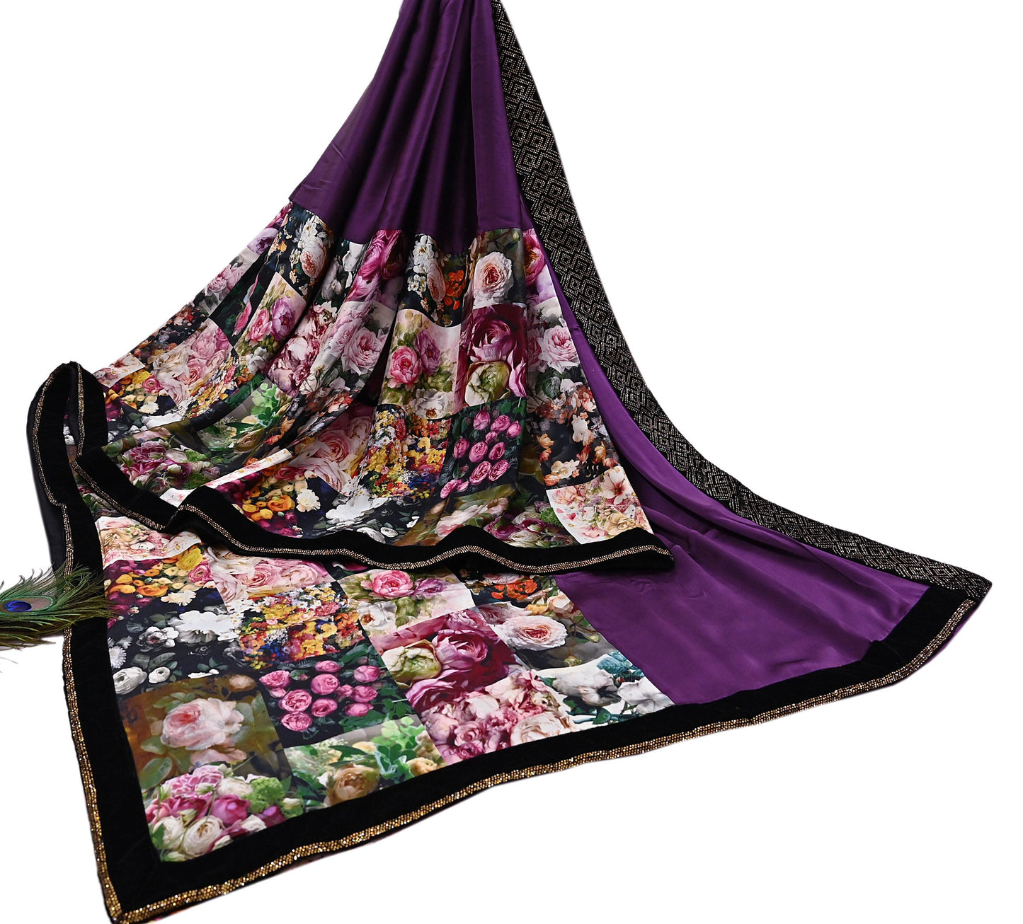 Rare Vintage Purple Pure Satin Silk Saree Hand Embroidered Fabric 6 Yards Sari Bollywood Party Wear Ethnic Designer Saree