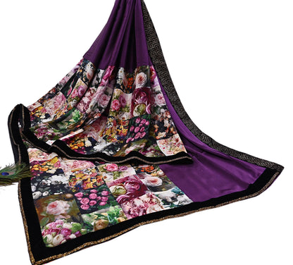 Rare Vintage Purple Pure Satin Silk Saree Hand Embroidered Fabric 6 Yards Sari Bollywood Party Wear Ethnic Designer Saree