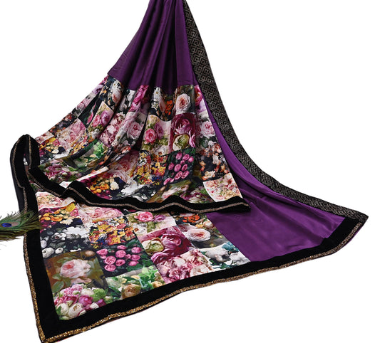 Rare Vintage Purple Pure Satin Silk Saree Hand Embroidered Fabric 6 Yards Sari Bollywood Party Wear Ethnic Designer Saree
