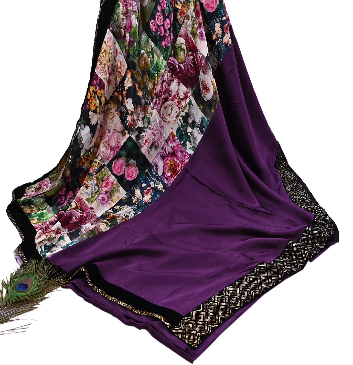 Rare Vintage Purple Pure Satin Silk Saree Hand Embroidered Fabric 6 Yards Sari Bollywood Party Wear Ethnic Designer Saree