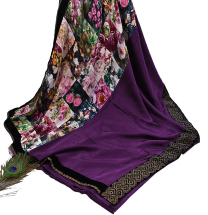 Rare Vintage Purple Pure Satin Silk Saree Hand Embroidered Fabric 6 Yards Sari Bollywood Party Wear Ethnic Designer Saree