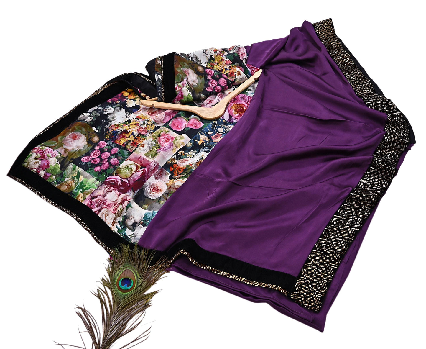 Rare Vintage Purple Pure Satin Silk Saree Hand Embroidered Fabric 6 Yards Sari Bollywood Party Wear Ethnic Designer Saree