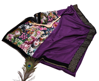 Rare Vintage Purple Pure Satin Silk Saree Hand Embroidered Fabric 6 Yards Sari Bollywood Party Wear Ethnic Designer Saree