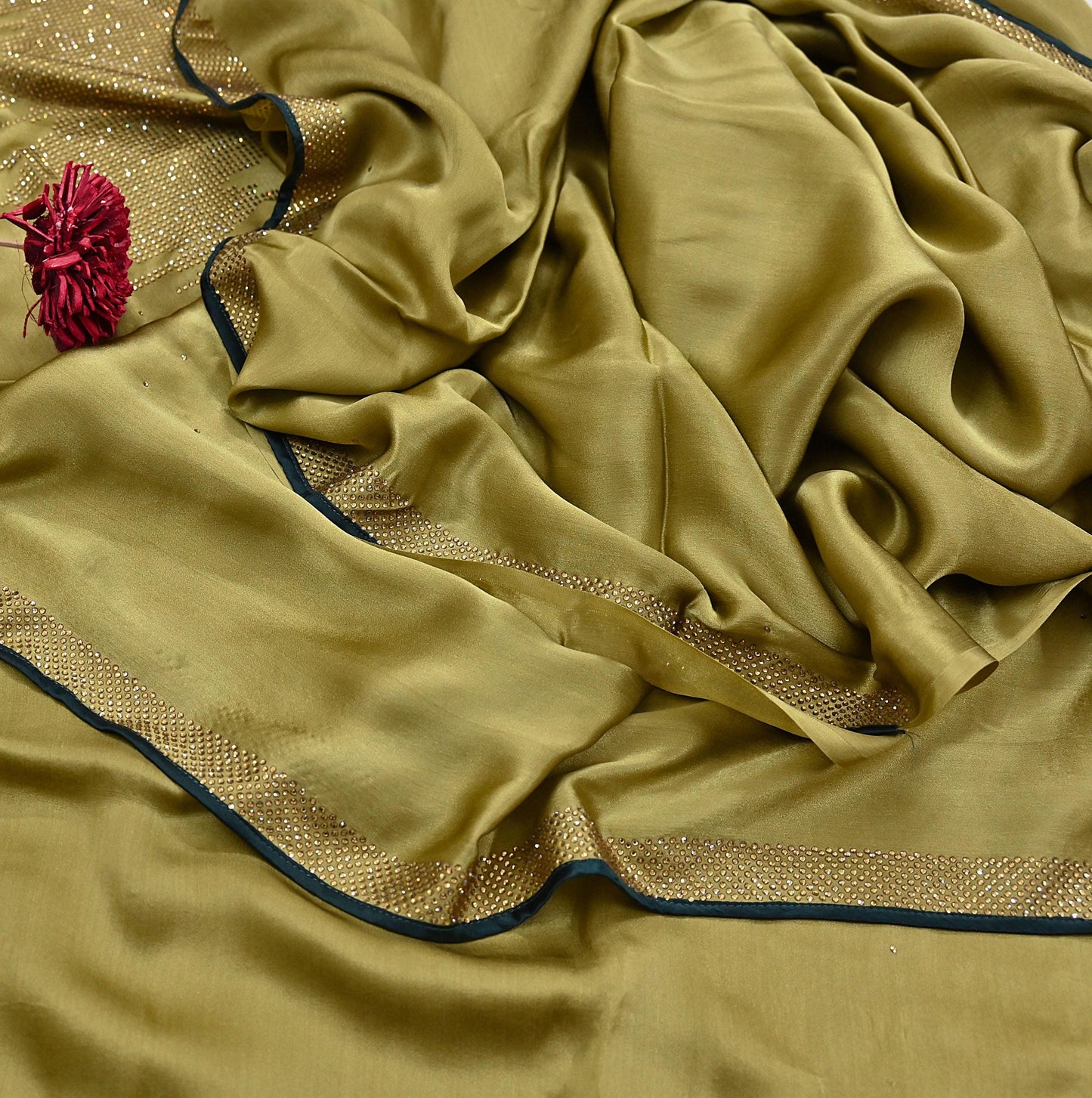 Rare Vintage Henna Green Pure Satin Silk Saree Hand Embroidered Fabric 6 Yards Sari Bollywood Party Wear Ethnic Designer Saree