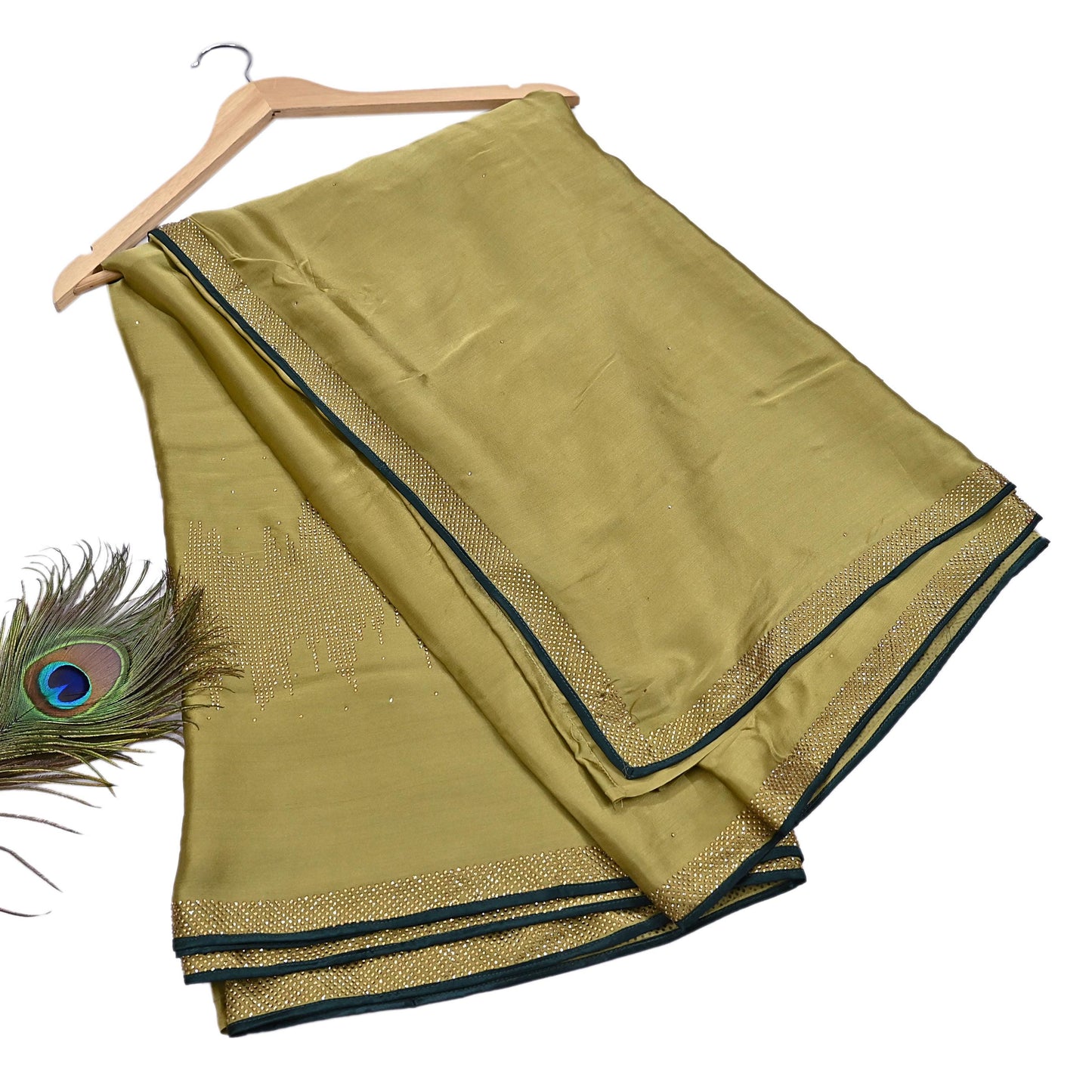 Rare Vintage Henna Green Pure Satin Silk Saree Hand Embroidered Fabric 6 Yards Sari Bollywood Party Wear Ethnic Designer Saree
