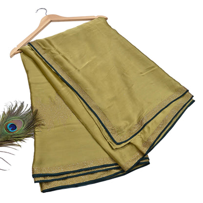Rare Vintage Henna Green Pure Satin Silk Saree Hand Embroidered Fabric 6 Yards Sari Bollywood Party Wear Ethnic Designer Saree