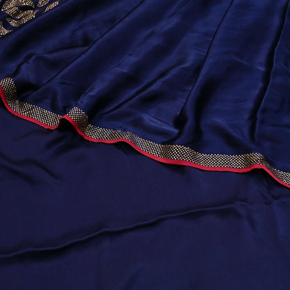 Rare Vintage Blue Pure Satin Silk Saree Hand Embroidered Fabric 6 Yards Sari Bollywood Party Wear Ethnic Designer Saree