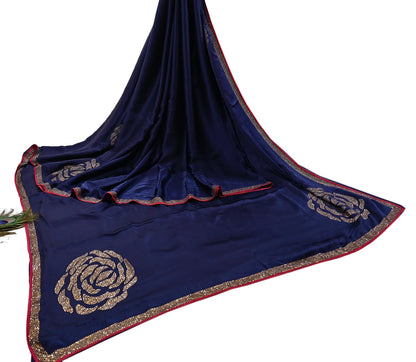 Rare Vintage Blue Pure Satin Silk Saree Hand Embroidered Fabric 6 Yards Sari Bollywood Party Wear Ethnic Designer Saree