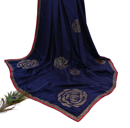 Rare Vintage Blue Pure Satin Silk Saree Hand Embroidered Fabric 6 Yards Sari Bollywood Party Wear Ethnic Designer Saree
