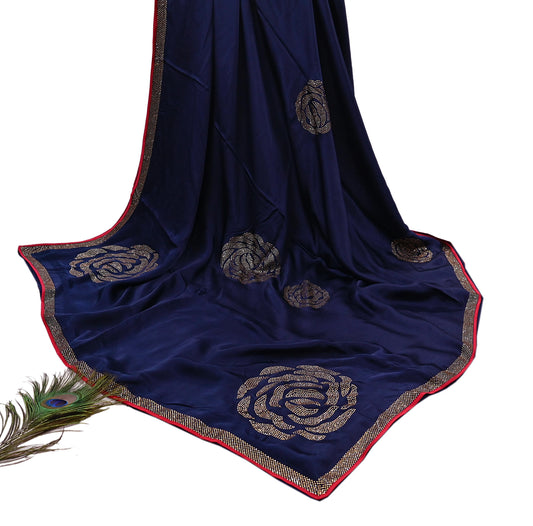Rare Vintage Blue Pure Satin Silk Saree Hand Embroidered Fabric 6 Yards Sari Bollywood Party Wear Ethnic Designer Saree