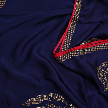Rare Vintage Blue Pure Satin Silk Saree Hand Embroidered Fabric 6 Yards Sari Bollywood Party Wear Ethnic Designer Saree
