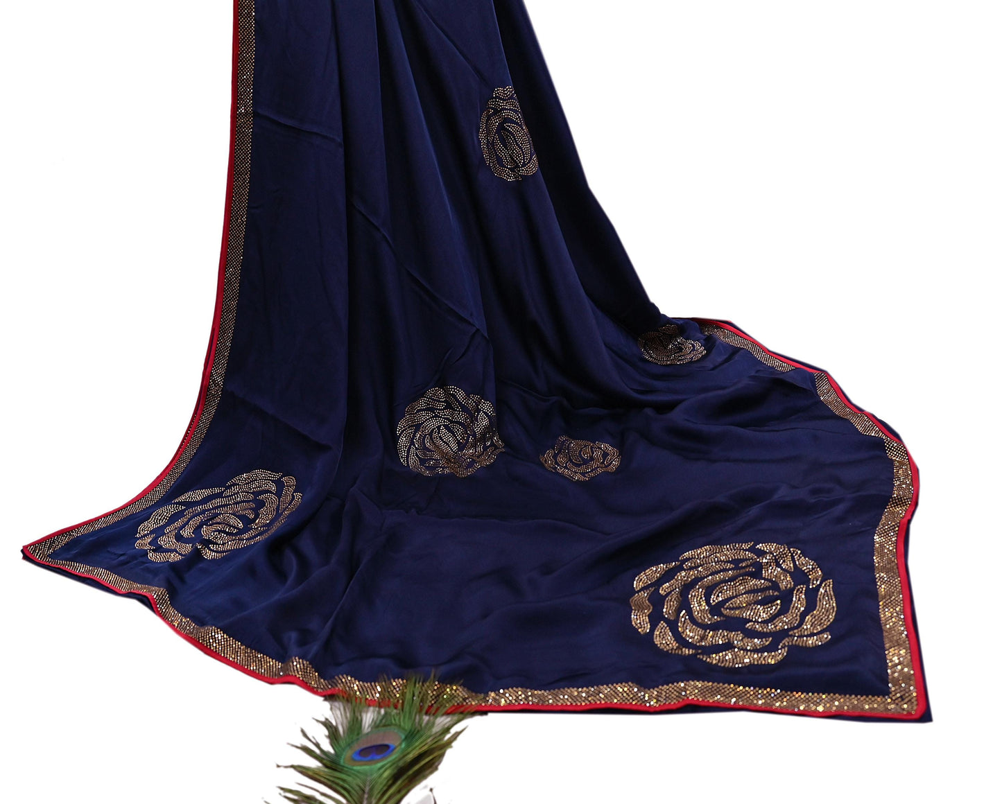 Rare Vintage Blue Pure Satin Silk Saree Hand Embroidered Fabric 6 Yards Sari Bollywood Party Wear Ethnic Designer Saree