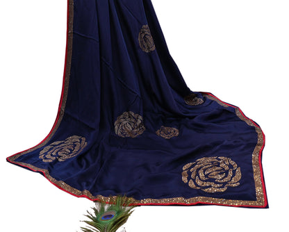 Rare Vintage Blue Pure Satin Silk Saree Hand Embroidered Fabric 6 Yards Sari Bollywood Party Wear Ethnic Designer Saree