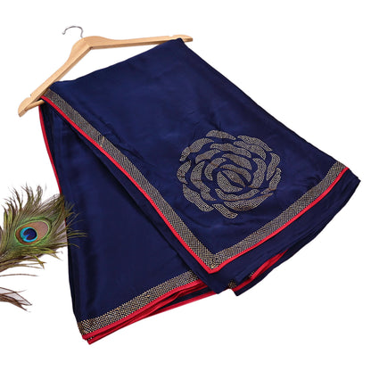 Rare Vintage Blue Pure Satin Silk Saree Hand Embroidered Fabric 6 Yards Sari Bollywood Party Wear Ethnic Designer Saree