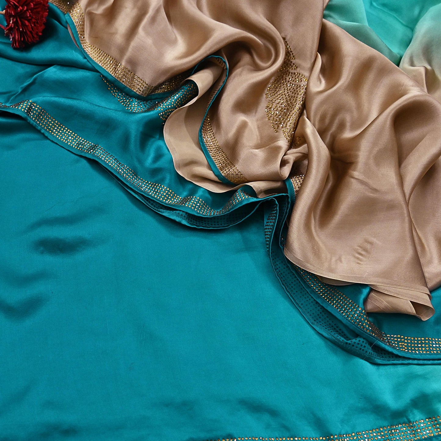 Rare Vintage Golden & Green Pure Satin Silk Saree Hand Embroidered Fabric 6 Yards Sari Bollywood Party Wear Ethnic Designer Saree