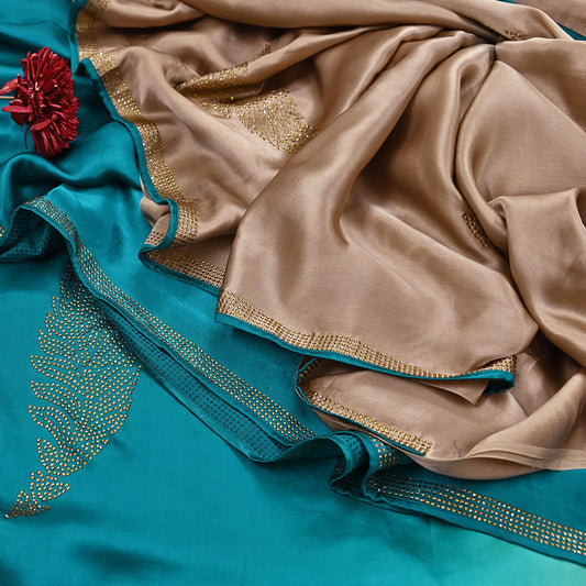 Rare Vintage Golden & Green Pure Satin Silk Saree Hand Embroidered Fabric 6 Yards Sari Bollywood Party Wear Ethnic Designer Saree
