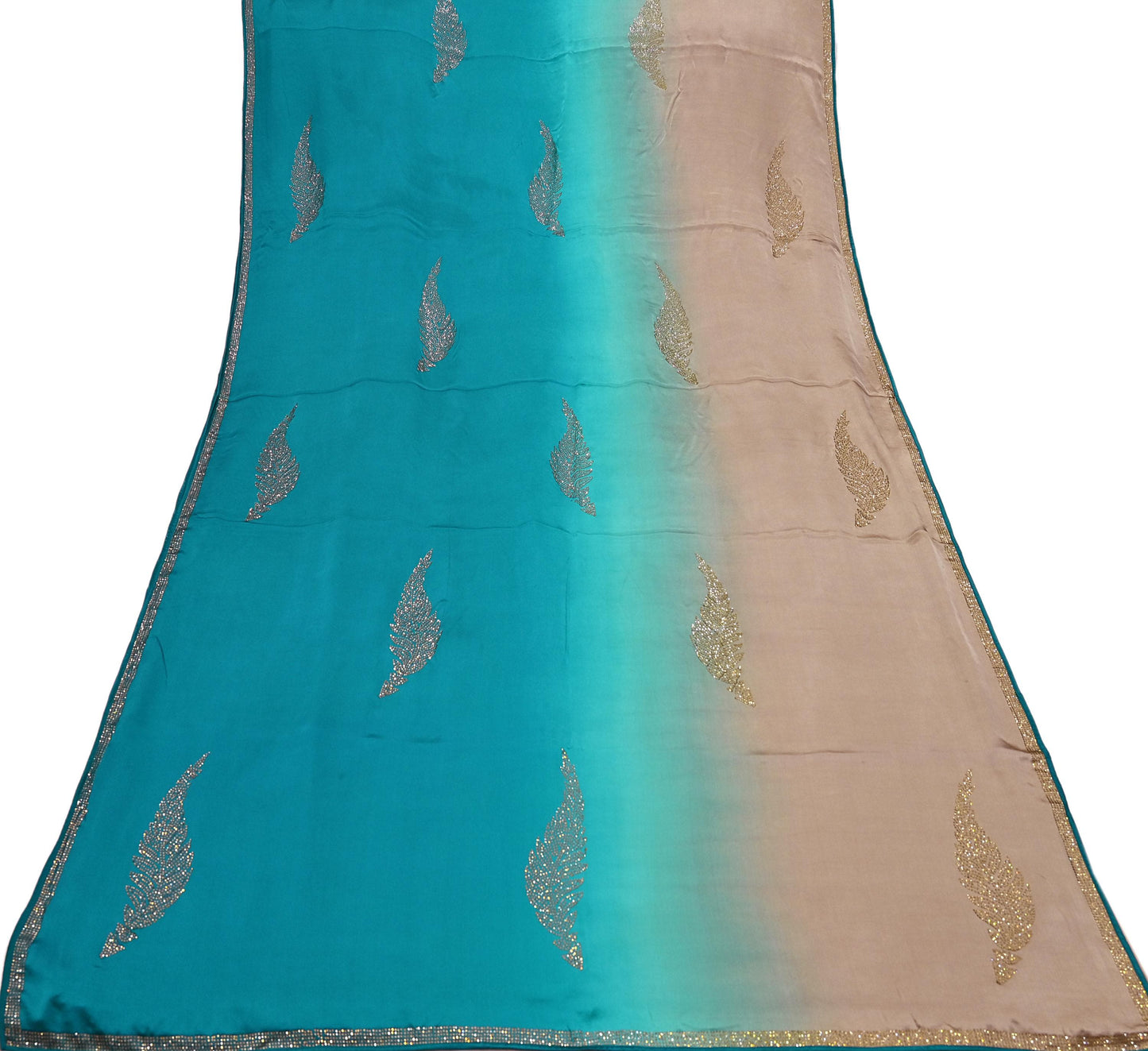 Rare Vintage Golden & Green Pure Satin Silk Saree Hand Embroidered Fabric 6 Yards Sari Bollywood Party Wear Ethnic Designer Saree