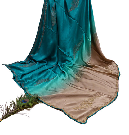 Rare Vintage Golden & Green Pure Satin Silk Saree Hand Embroidered Fabric 6 Yards Sari Bollywood Party Wear Ethnic Designer Saree