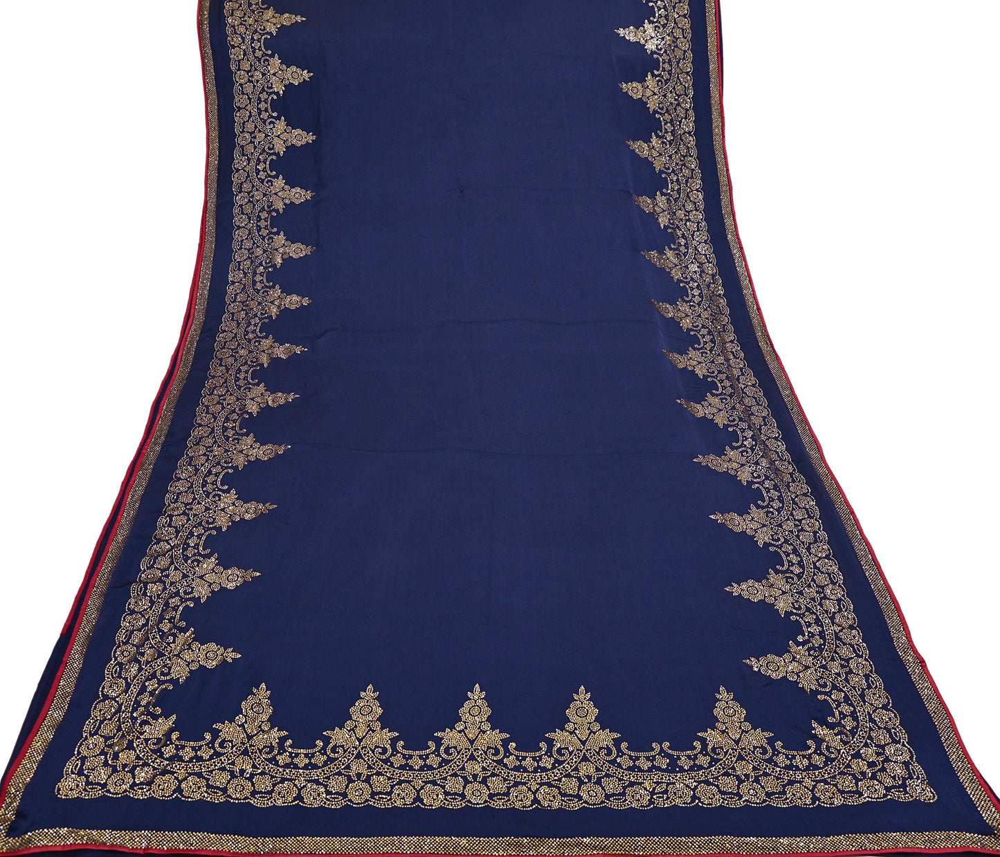 Rare Vintage Blue Pure Satin Silk Saree Hand Embroidered Fabric 6 Yards Sari Bollywood Party Wear Ethnic Saree with padded Blouse size 38"
