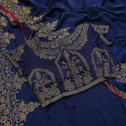 Rare Vintage Blue Pure Satin Silk Saree Hand Embroidered Fabric 6 Yards Sari Bollywood Party Wear Ethnic Saree with padded Blouse size 38"