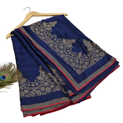 Rare Vintage Blue Pure Satin Silk Saree Hand Embroidered Fabric 6 Yards Sari Bollywood Party Wear Ethnic Saree with padded Blouse size 38"