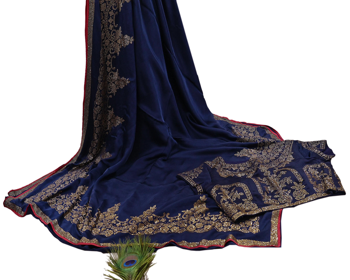 Rare Vintage Blue Pure Satin Silk Saree Hand Embroidered Fabric 6 Yards Sari Bollywood Party Wear Ethnic Saree with padded Blouse size 38"