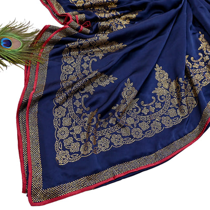 Rare Vintage Blue Pure Satin Silk Saree Hand Embroidered Fabric 6 Yards Sari Bollywood Party Wear Ethnic Saree with padded Blouse size 38"