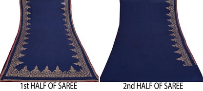 Rare Vintage Blue Pure Satin Silk Saree Hand Embroidered Fabric 6 Yards Sari Bollywood Party Wear Ethnic Saree with padded Blouse size 38"