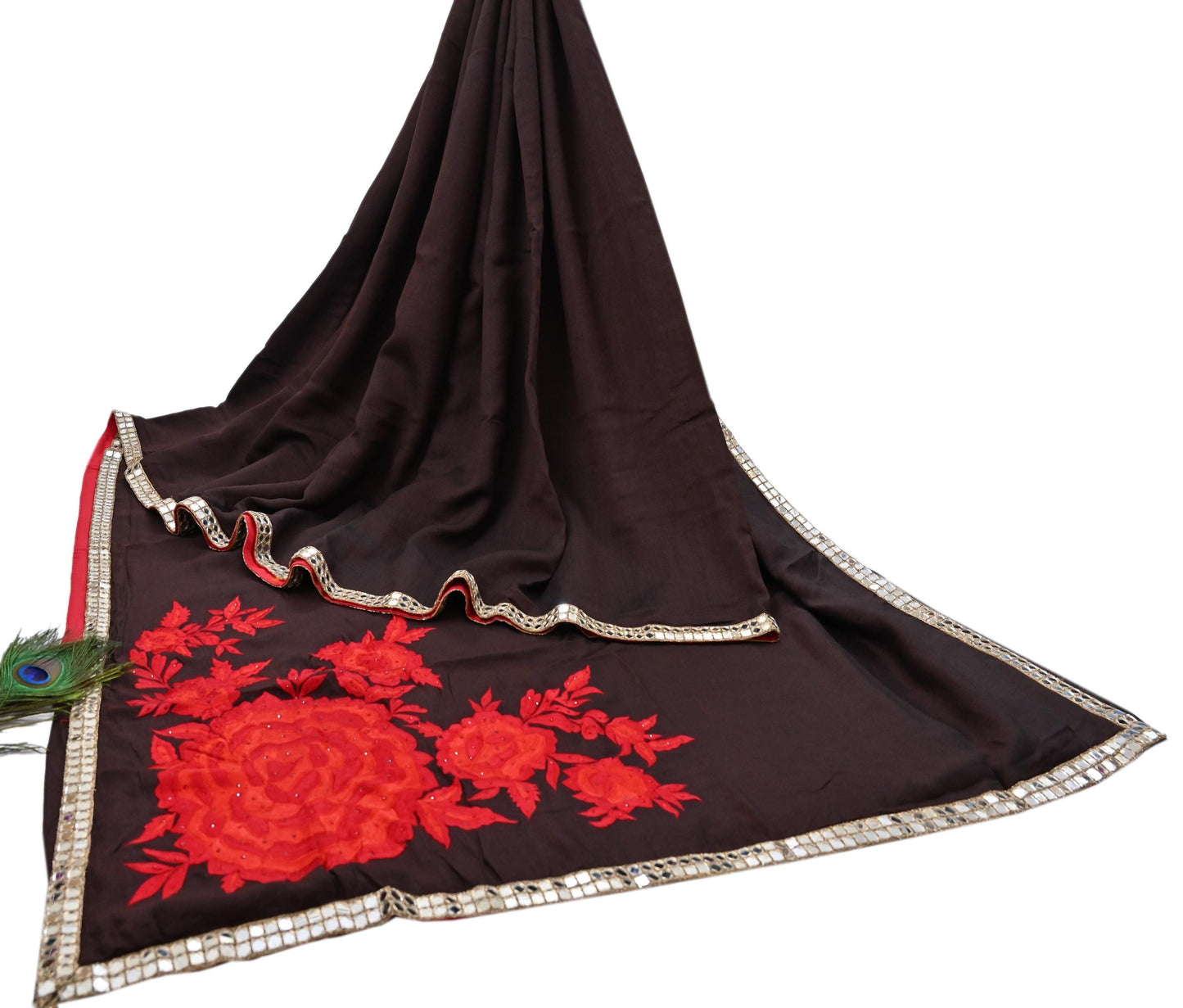 Indian Rare Vintage Zardozi Sarees Brown Pure Silk Hand Embroidered Sari Fabric 5.5 Yards Sewing Ethnic Mirror