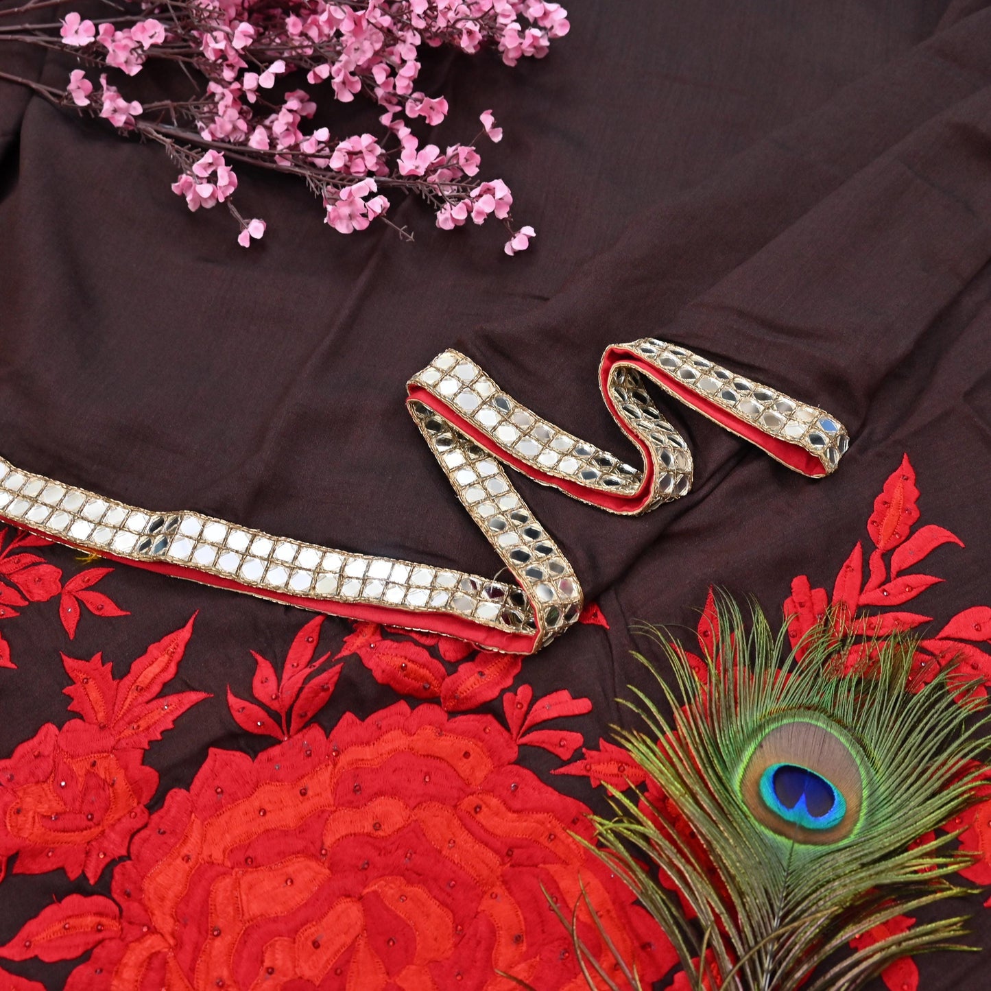 Indian Rare Vintage Zardozi Sarees Brown Pure Silk Hand Embroidered Sari Fabric 5.5 Yards Sewing Ethnic Mirror