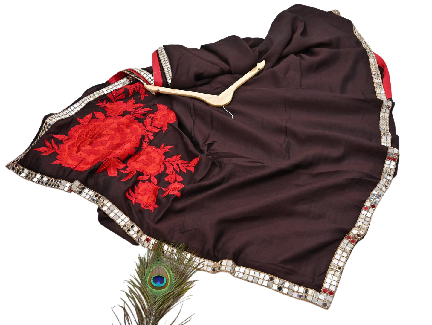 Indian Rare Vintage Zardozi Sarees Brown Pure Silk Hand Embroidered Sari Fabric 5.5 Yards Sewing Ethnic Mirror