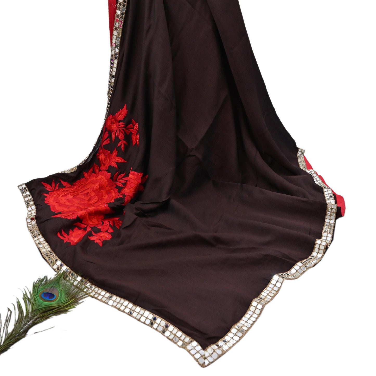 Indian Rare Vintage Zardozi Sarees Brown Pure Silk Hand Embroidered Sari Fabric 5.5 Yards Sewing Ethnic Mirror