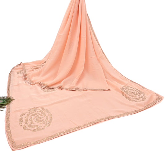 Rare Vintage Peach Pure Chiffon Silk Saree Hand Embroidered Fabric 6 Yards Sari Bollywood Party Wear Ethnic saree