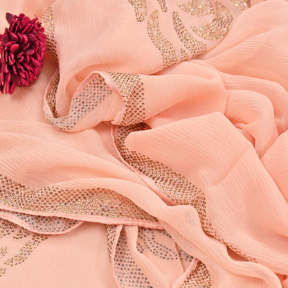 Rare Vintage Peach Pure Chiffon Silk Saree Hand Embroidered Fabric 6 Yards Sari Bollywood Party Wear Ethnic saree