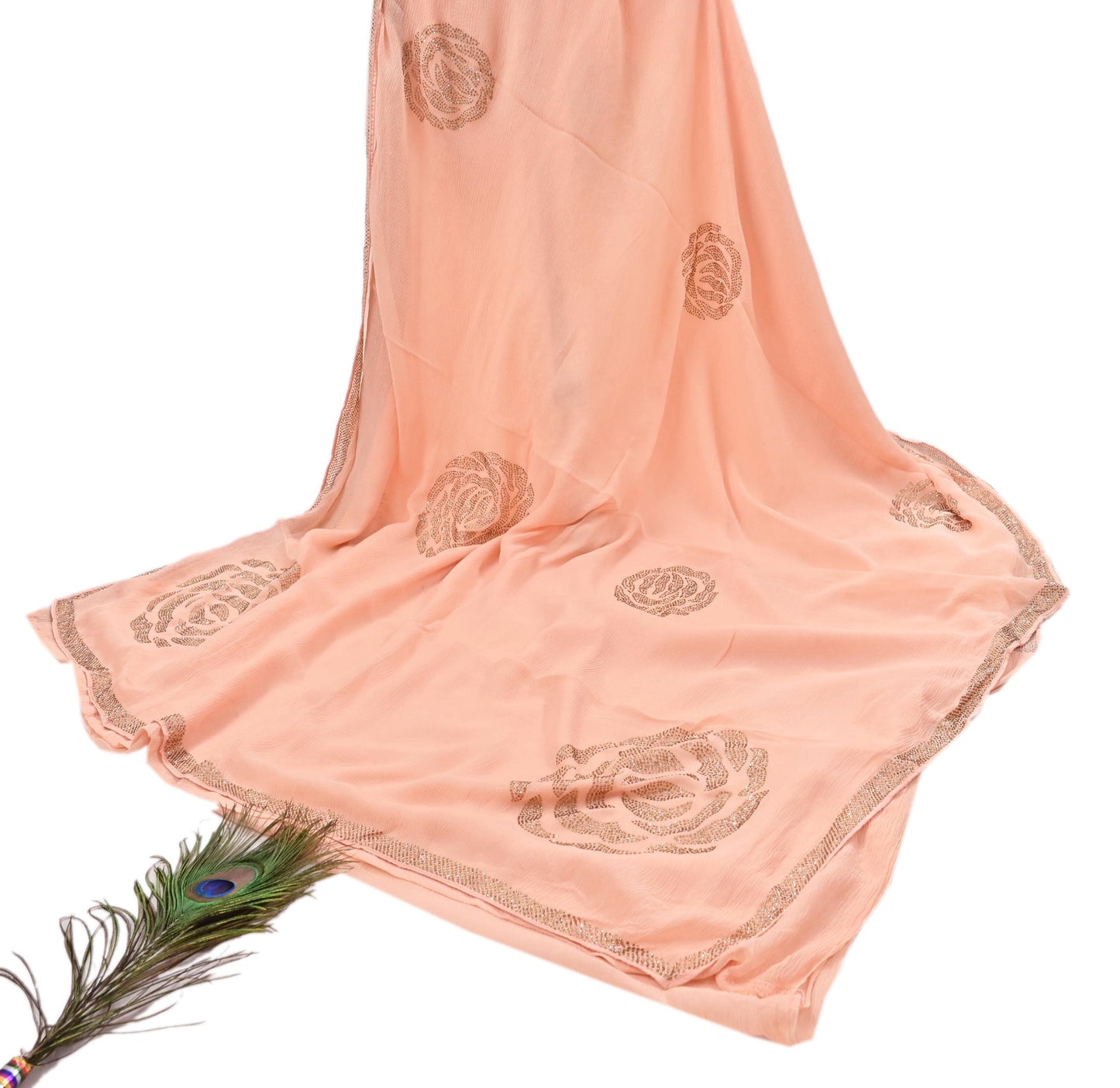 Rare Vintage Peach Pure Chiffon Silk Saree Hand Embroidered Fabric 6 Yards Sari Bollywood Party Wear Ethnic saree
