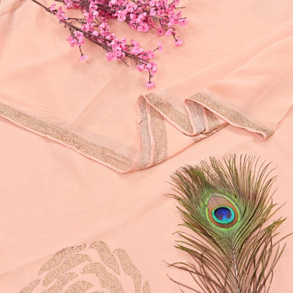 Rare Vintage Peach Pure Chiffon Silk Saree Hand Embroidered Fabric 6 Yards Sari Bollywood Party Wear Ethnic saree