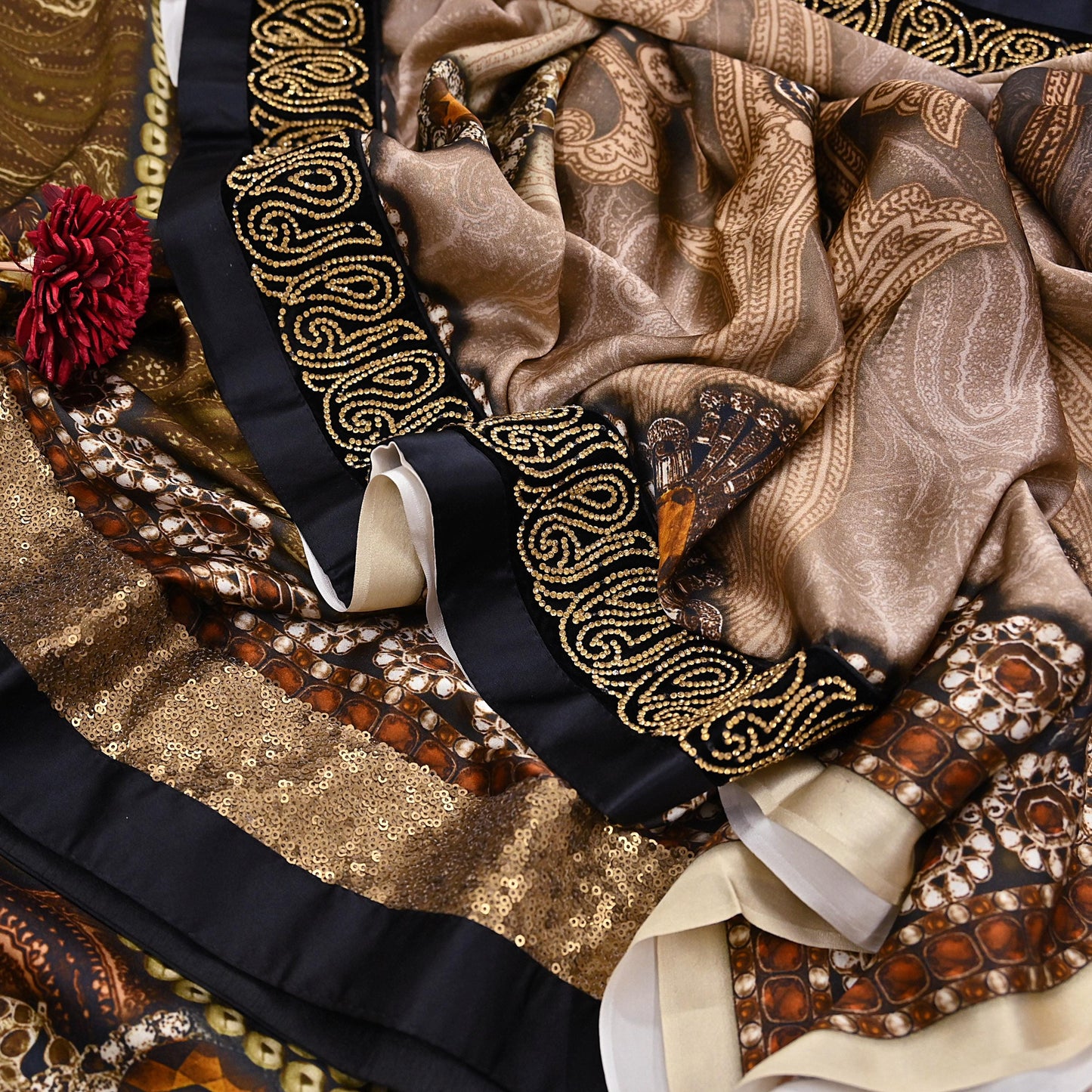 Rare Vintage Brown Pure Satin Silk Saree Embroidered Versace print Fabric 6 Yard Sari Bollywood Party Wear Designer Saree with blouse fabric