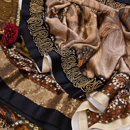 Rare Vintage Brown Pure Satin Silk Saree Embroidered Versace print Fabric 6 Yard Sari Bollywood Party Wear Designer Saree with blouse fabric
