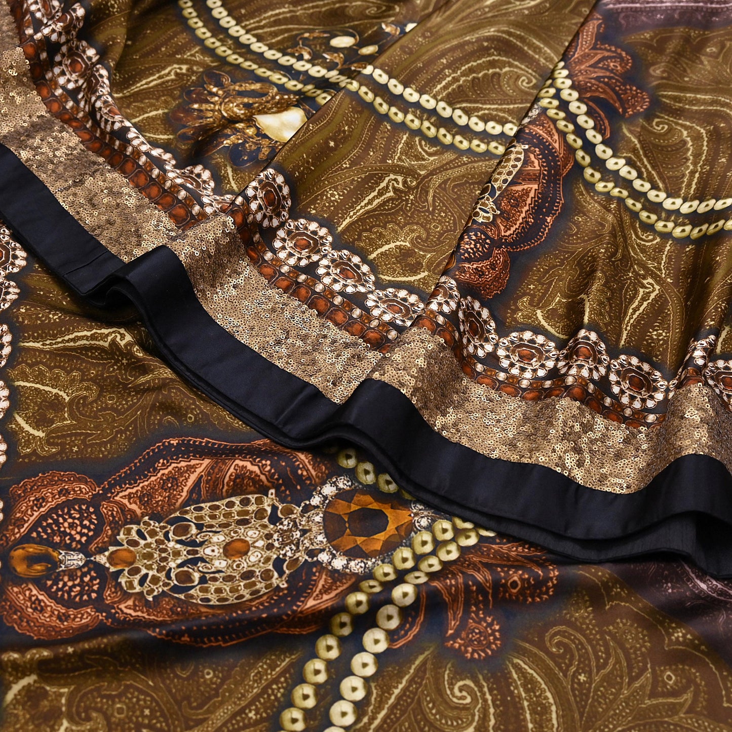 Rare Vintage Brown Pure Satin Silk Saree Embroidered Versace print Fabric 6 Yard Sari Bollywood Party Wear Designer Saree with blouse fabric