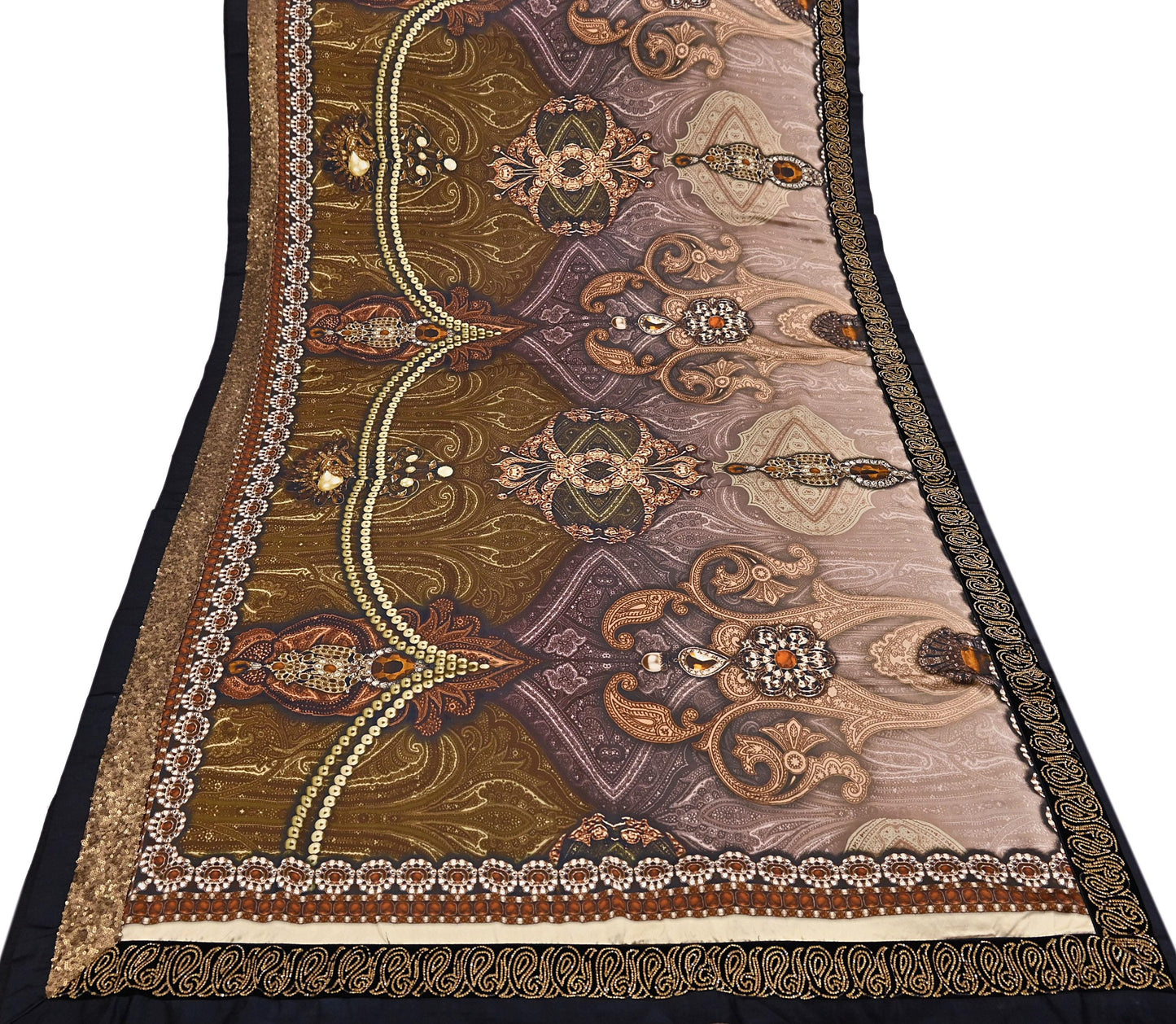 Rare Vintage Brown Pure Satin Silk Saree Embroidered Versace print Fabric 6 Yard Sari Bollywood Party Wear Designer Saree with blouse fabric