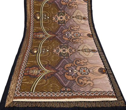 Rare Vintage Brown Pure Satin Silk Saree Embroidered Versace print Fabric 6 Yard Sari Bollywood Party Wear Designer Saree with blouse fabric