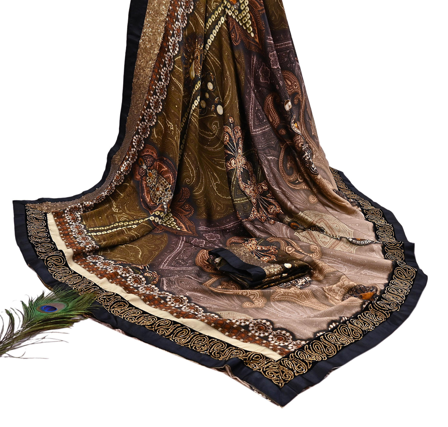 Rare Vintage Brown Pure Satin Silk Saree Embroidered Versace print Fabric 6 Yard Sari Bollywood Party Wear Designer Saree with blouse fabric