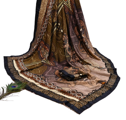 Rare Vintage Brown Pure Satin Silk Saree Embroidered Versace print Fabric 6 Yard Sari Bollywood Party Wear Designer Saree with blouse fabric
