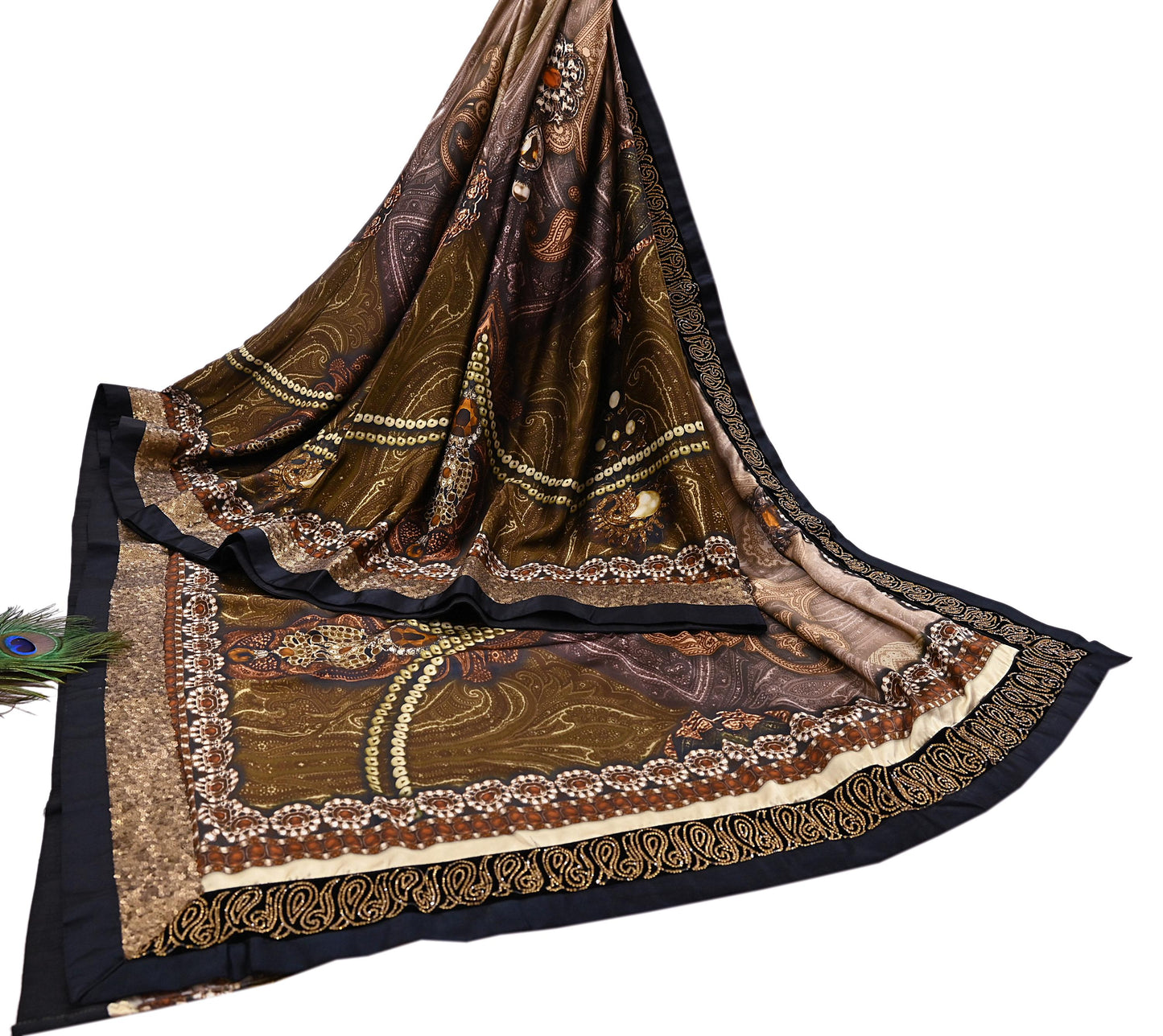 Rare Vintage Brown Pure Satin Silk Saree Embroidered Versace print Fabric 6 Yard Sari Bollywood Party Wear Designer Saree with blouse fabric